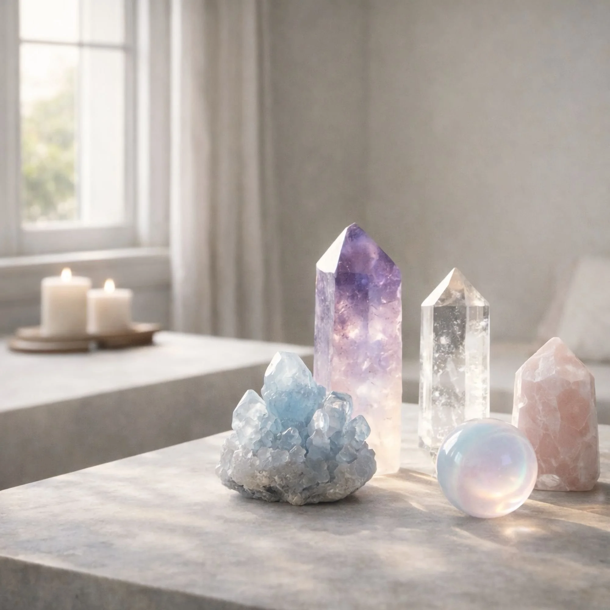 Healing crystals including amethyst, rose quartz and clear quartz used in handmade crystal bracelets by Luna Charms Ireland