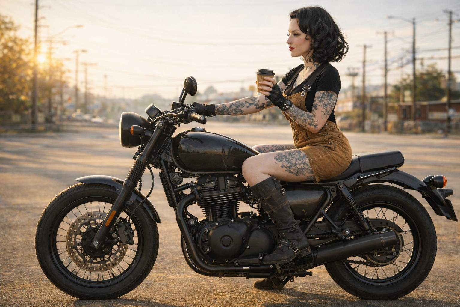 A woman with tattoos sitting on a black motorcycle, holding a coffee cup, during sunset on an empty street.