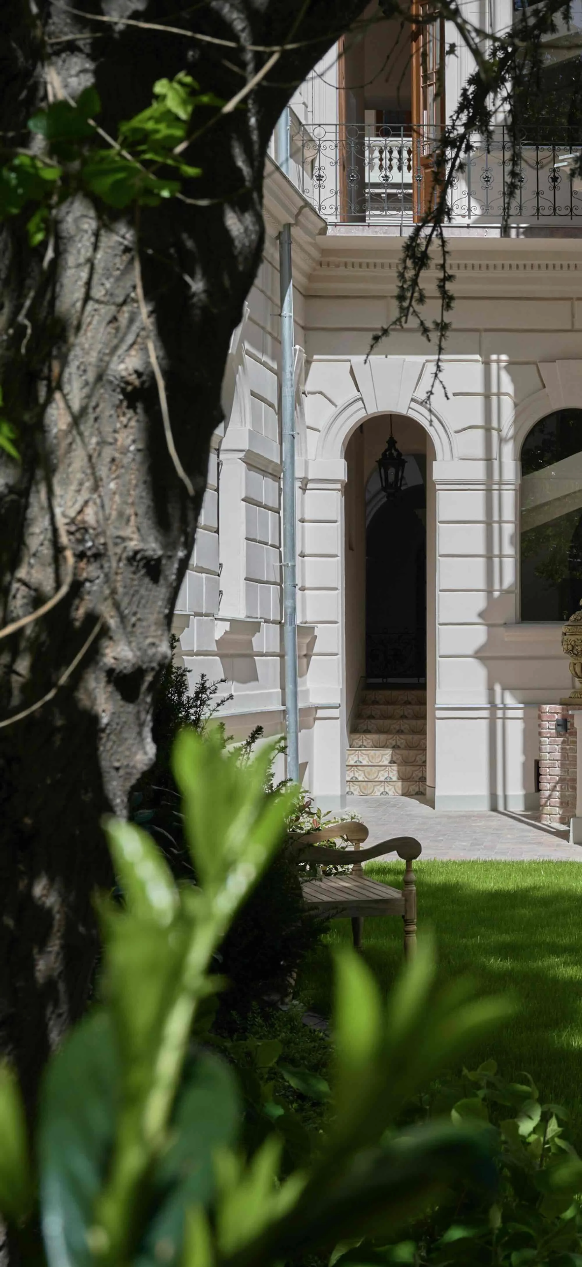 View of a white classical style building with arched doorways, ornate railing on a balcony, and a staircase inside, partially obscured by a large tree trunk and green plants in the foreground.