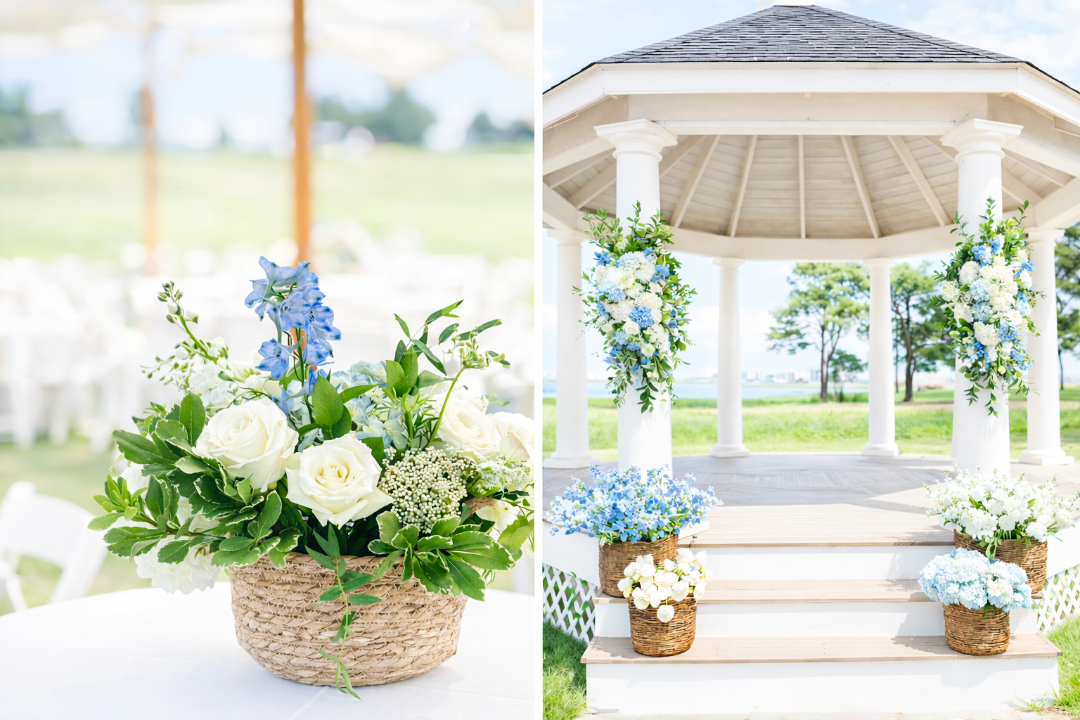 Left: close-up of a floral arrangement with white roses, blue delphiniums, and greenery in a woven basket. Right: outdoor wedding gazebo decorated with white and blue floral arrangements on columns and baskets of flowers on stairs, set in a grassy area with trees and city skyline in the background.