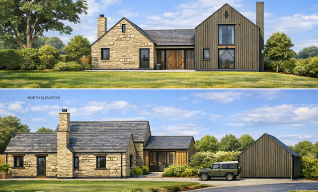 Front view of a modern house combining stone and dark wood siding with large windows, surrounded by green lawn and trees, under a partly cloudy sky.