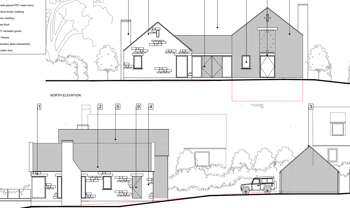 Architectural blueprint of a residential building showing north elevation and side views with trees, a truck, and detailed construction elements.