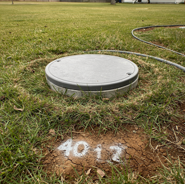 cracked concrete septic tank lid over damp yard soil