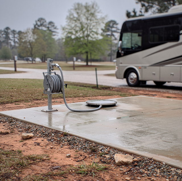 rv dump station with queue of motorhomes at campground