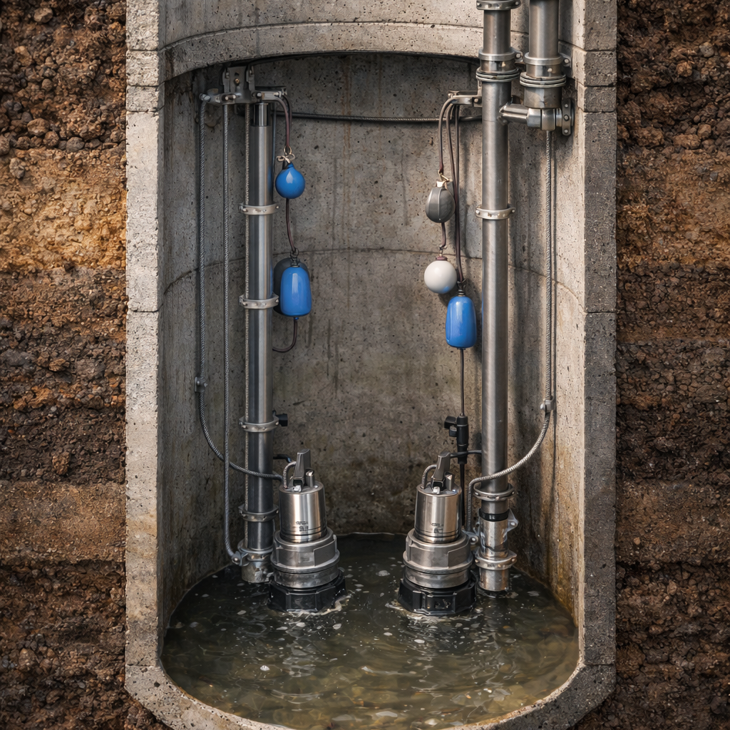 Cross-section view of septic pump chamber with submersible pumps and float switches controlling residential wastewater flow and system operation.