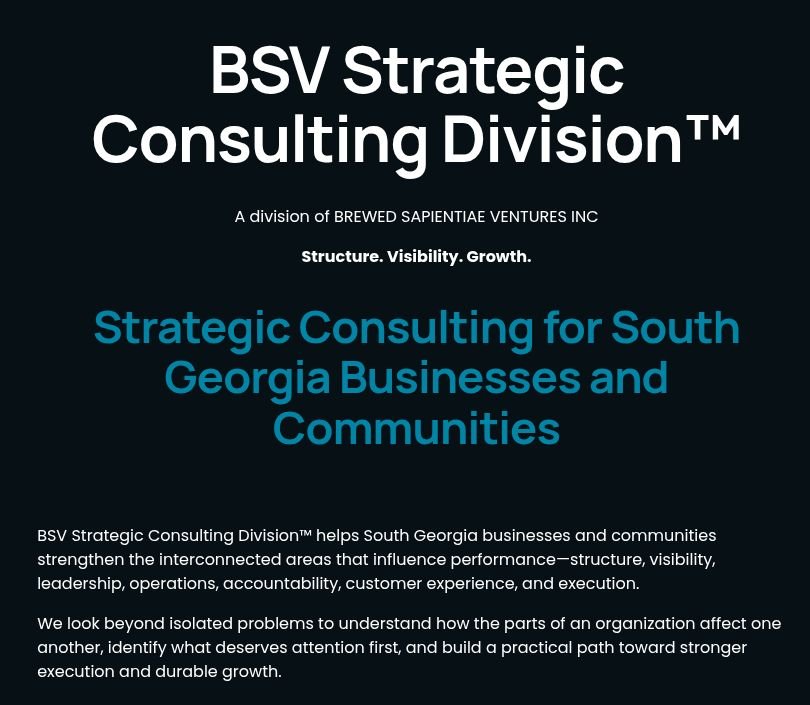 BSV Strategic Consulting Division™ consulting webpage showing its division identity and service overview.