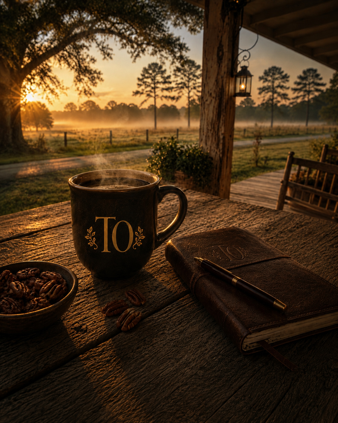 Thoughts Ova Coffee House Roast beside a journal and Georgia pecans on a South Georgia porch at sunrise.