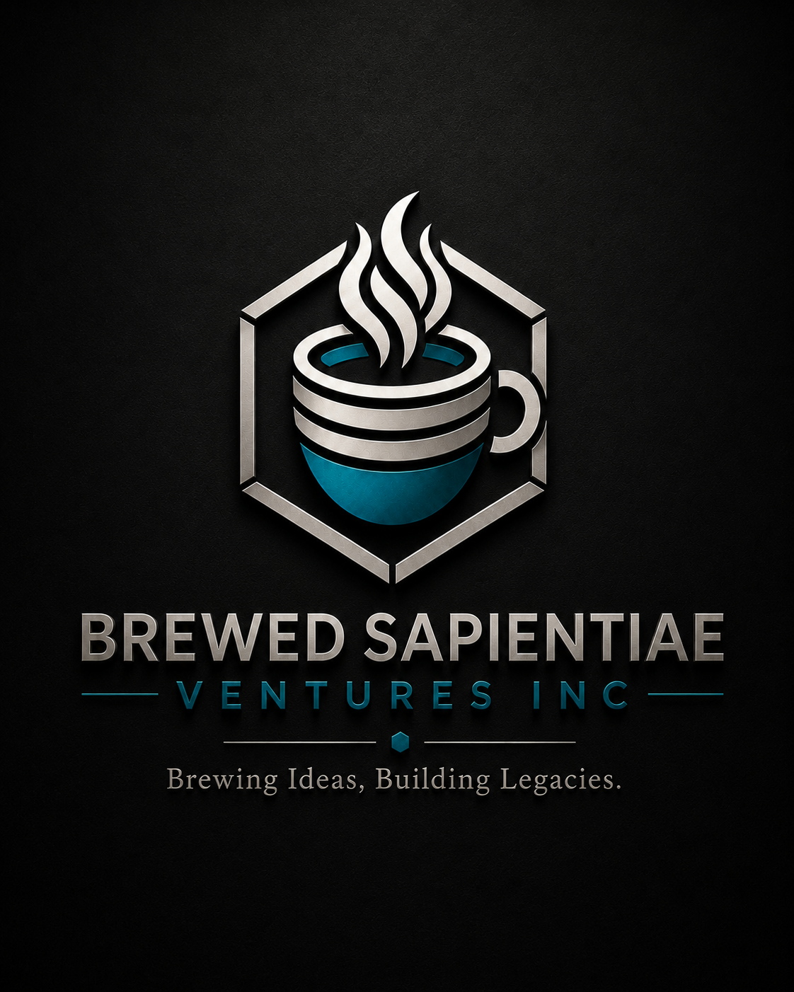 BREWED SAPIENTIAE VENTURES INC tall brand logo featuring the coffee cup icon, company name, and tagline Brewing Ideas, Building Legacies.