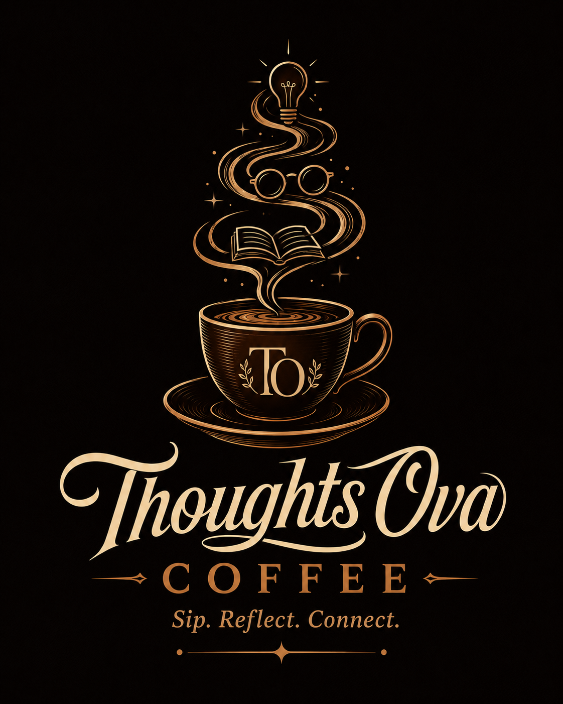 Thoughts Ova Coffee cup-and-steam icon featuring an open book, eyewear, and a light bulb representing coffee, reflection, knowledge, and ideas.
