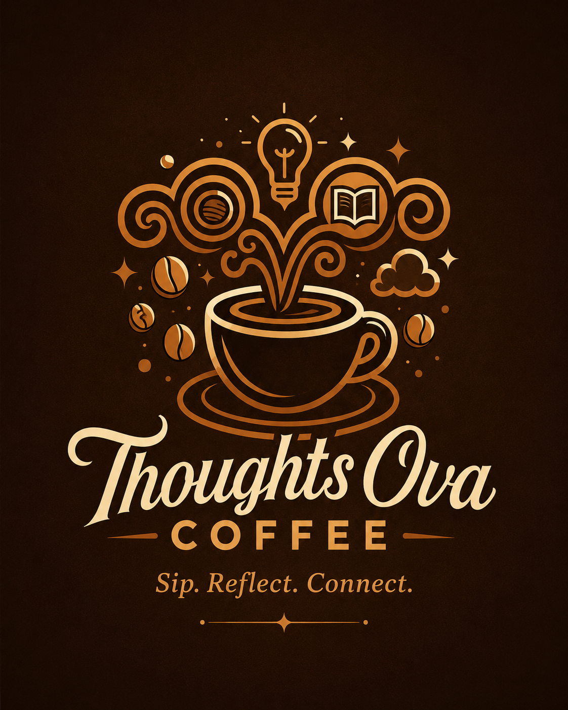 Thoughts Ova Coffee brand image with a coffee cup, coffee beans, creative steam, a light bulb, and an open book, representing coffee, reflection, storytelling, community, and connection.