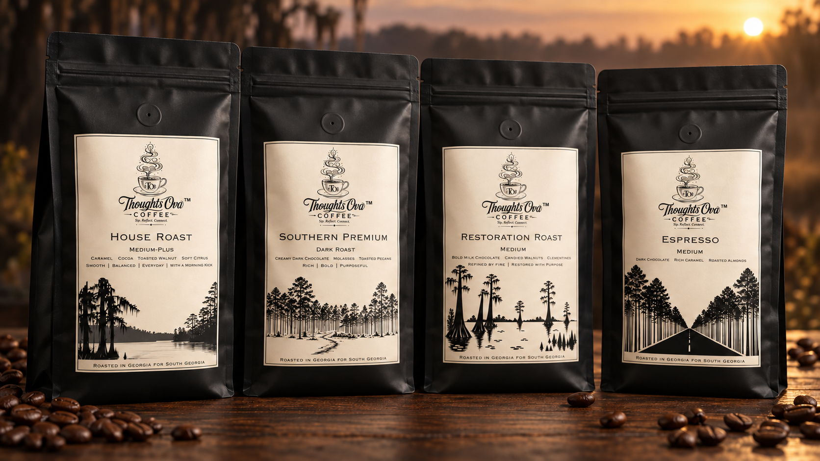 Four matte-black Thoughts Ova Coffee™ bags-House Roast, Southern Premium, Restoration Roast, and Espresso-displayed against a warm South Georgia sunrise.