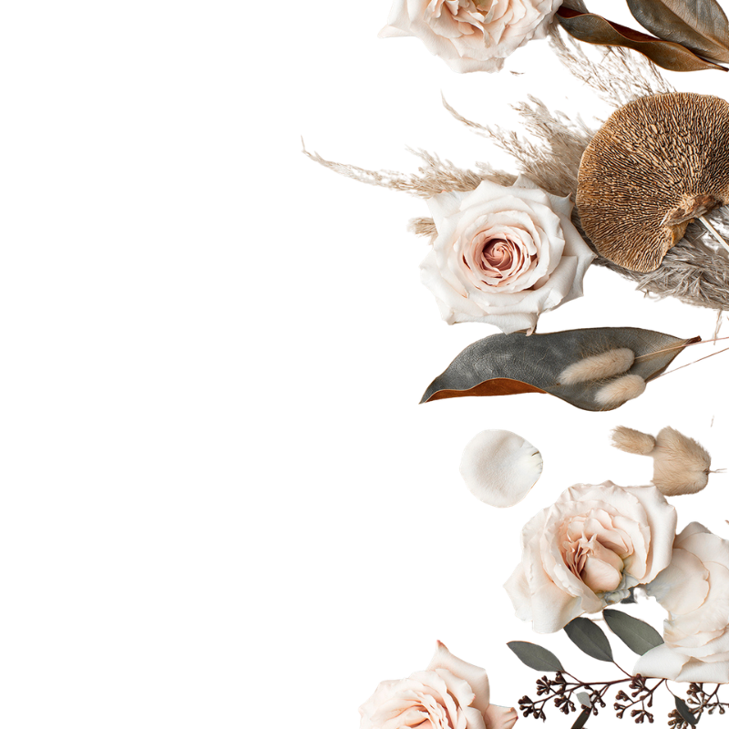 Arrangement of dried and fresh flowers, including roses, grasses, and leaves with neutral tones.