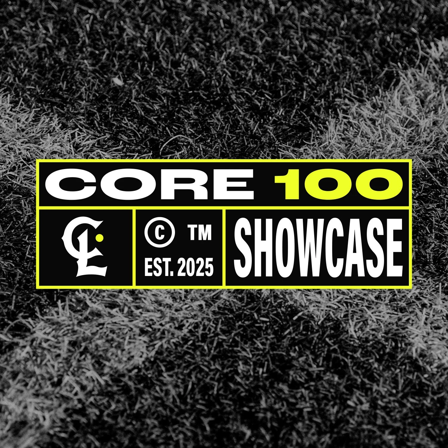 Graphic design with bold text reading 'CORE 100 SHOWCASE' on a black background, with a textured grass surface underneath.