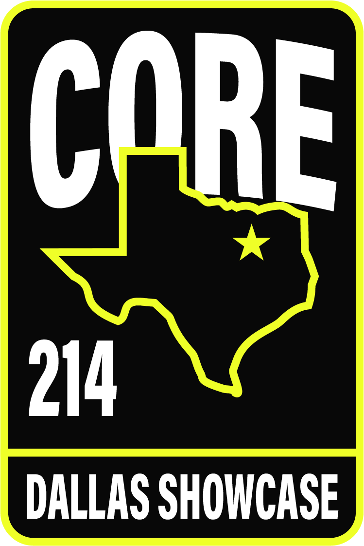 graphic design with the outline of Texas, a star inside it, and the words 'CORE 214 DALLAS SHOWCASE' with a black background and yellow outline.