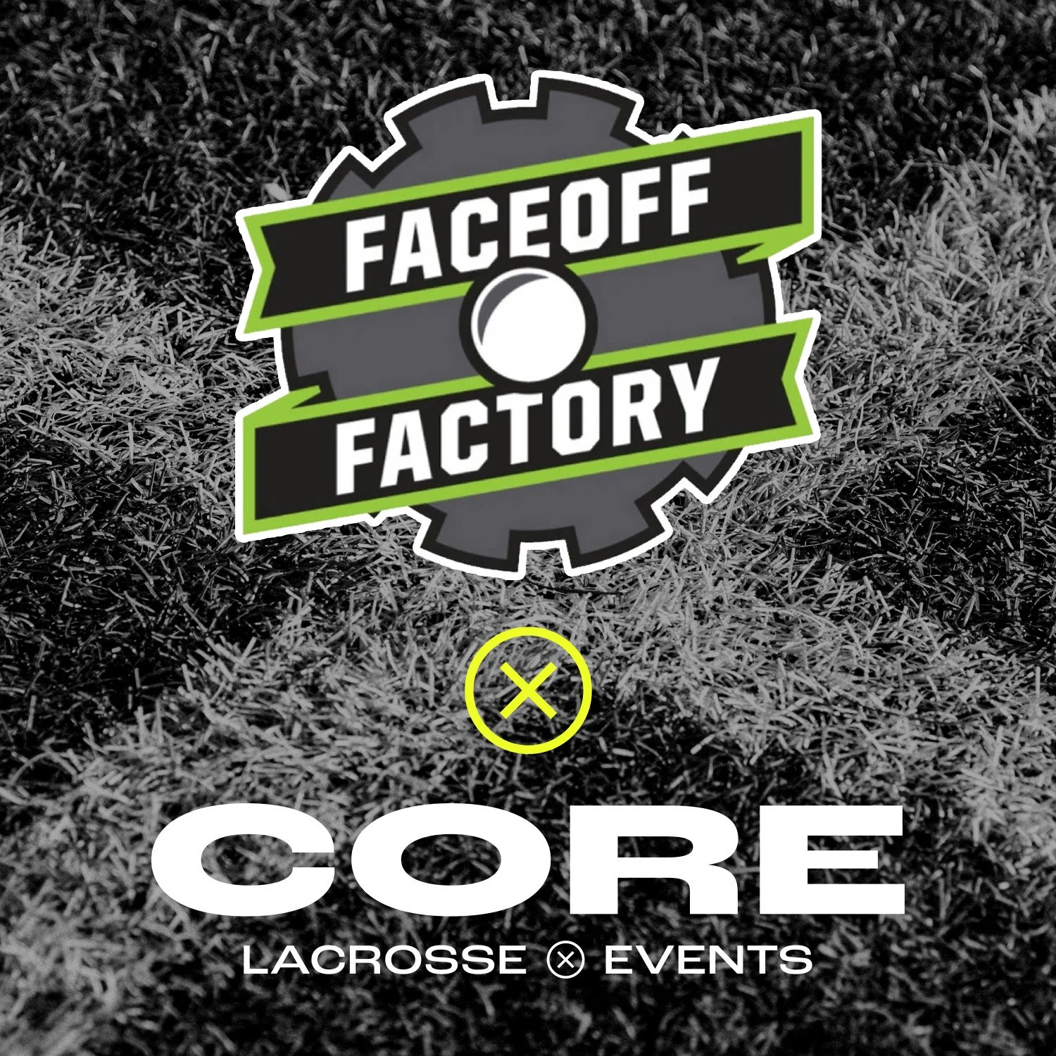 Logo for FaceOff Factory Lacrosse Events on a grassy field background.