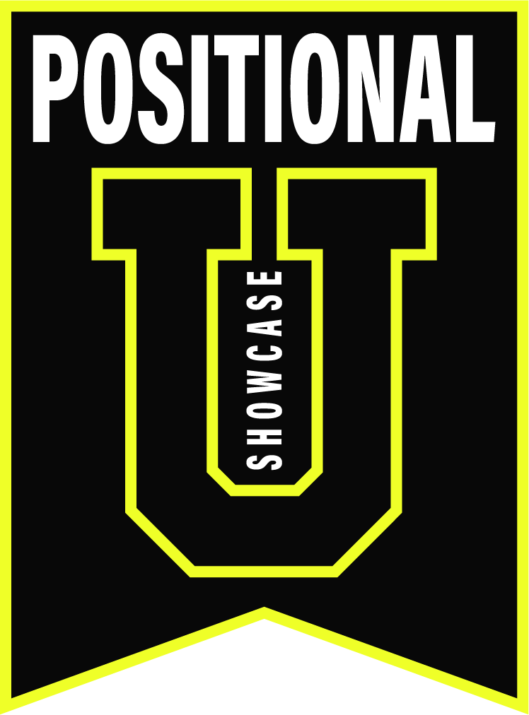 Sign with the word 'POSITIONAL' at the top in large white letters, a large letter 'U' outlined in yellow, and the words 'SHOWCASE' vertically inside the 'U' in white text.