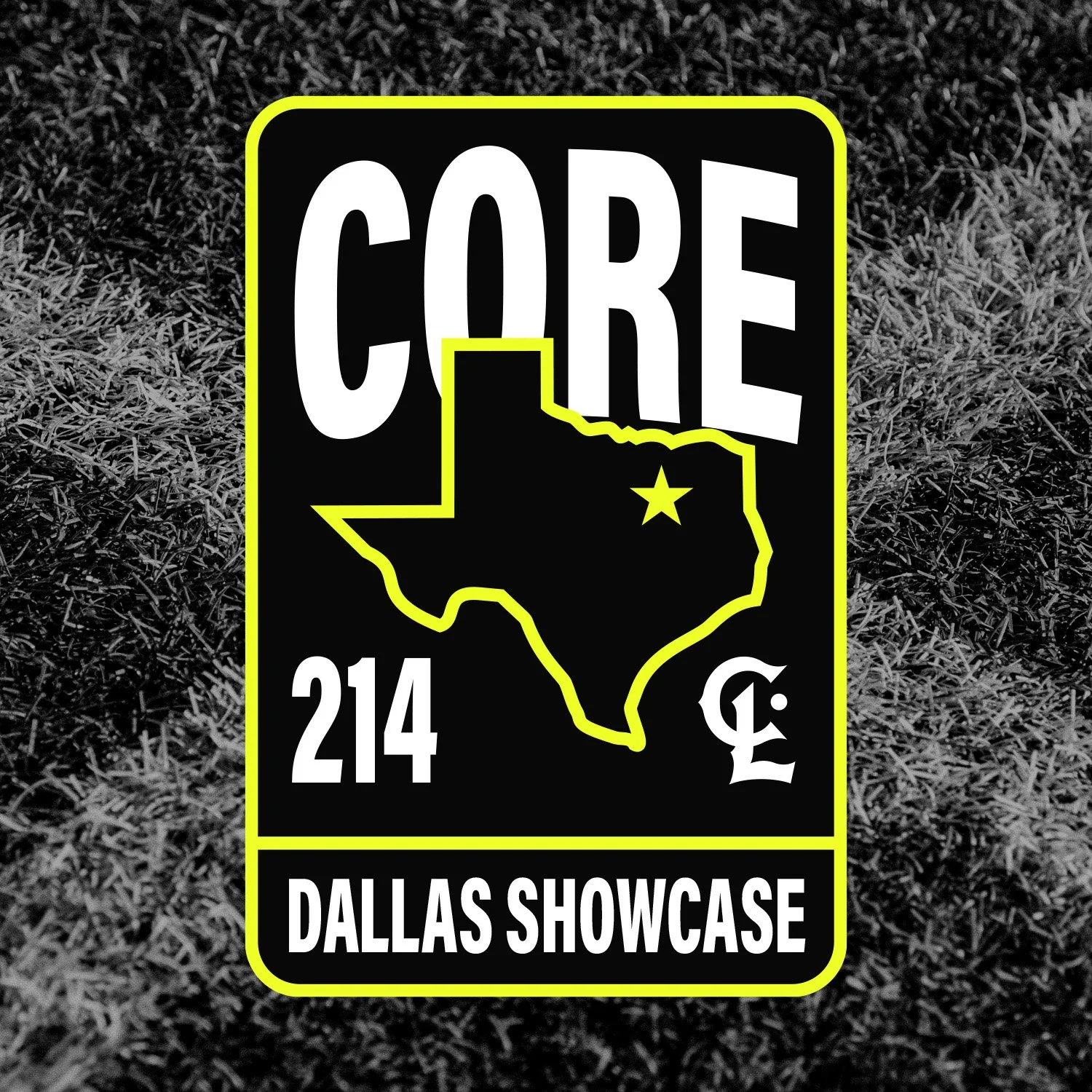 A patch with the words "CORE 214 DALLAS SHOWCASE" features a black background, a yellow outline, and a stylized map of Texas with a star marking Dallas.