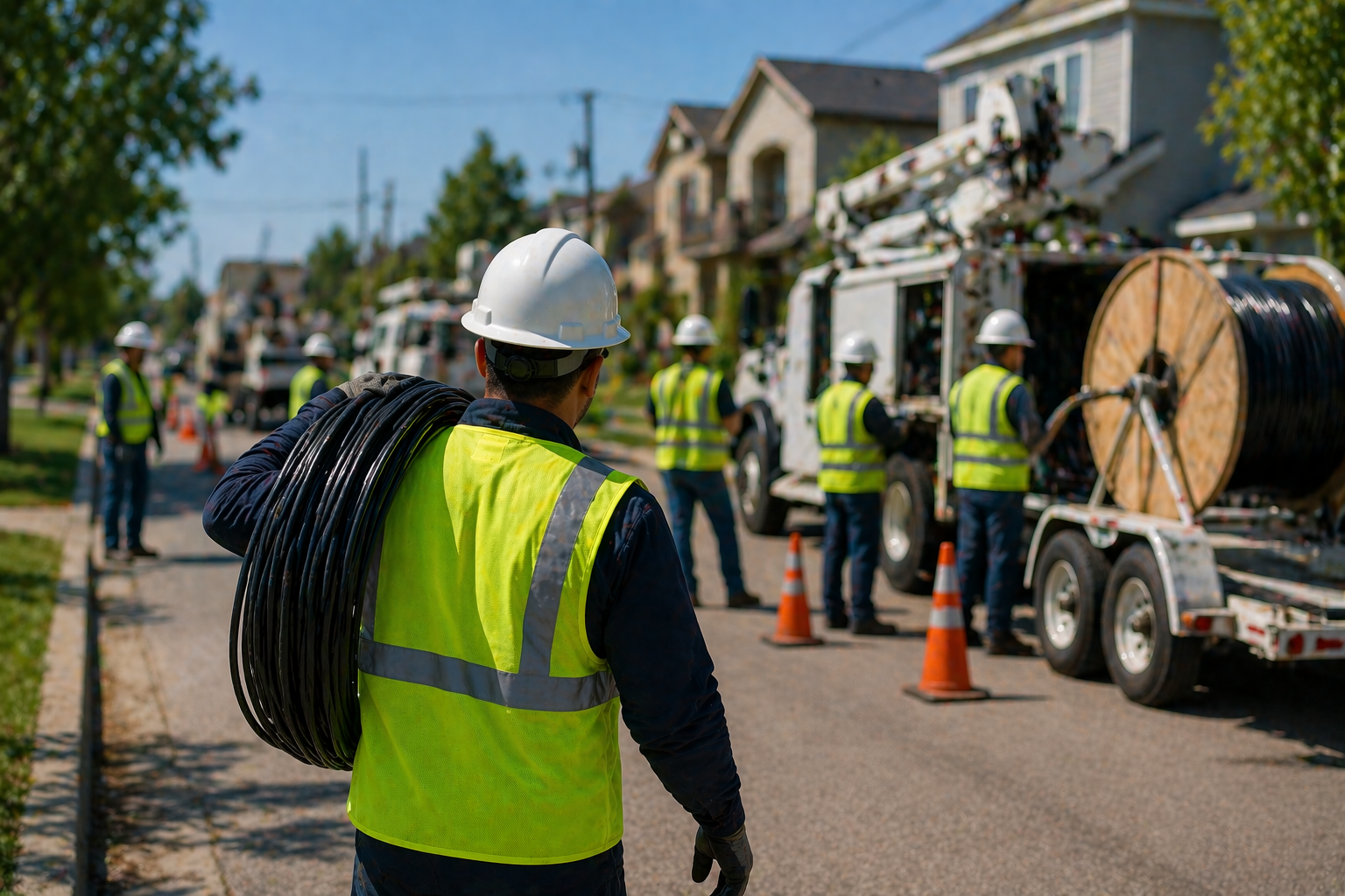Construction workers in safety vests and helmets operating equipment on a street with houses, orange cones, and utility trucks under a blue sky.