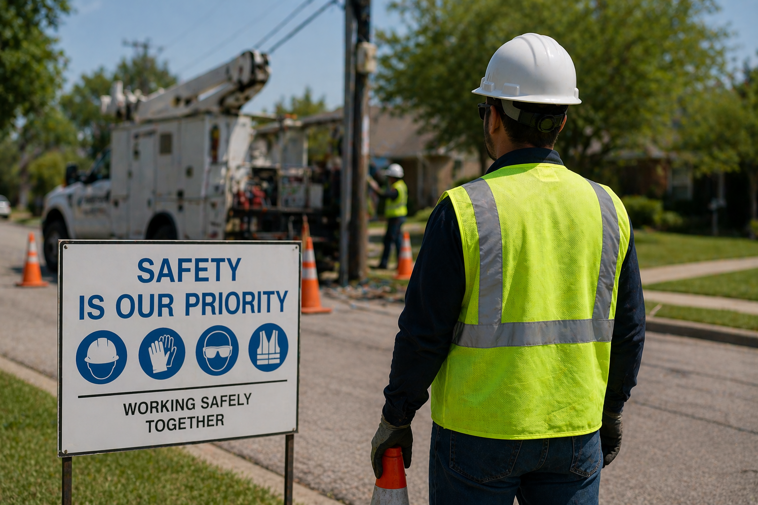 Construction worker standing on a street near a safety sign that reads 'Safety is Our Priority' with icons for helmet, gloves, safety glasses, and vest. In the background, utility workers are working on power lines near a utility truck.