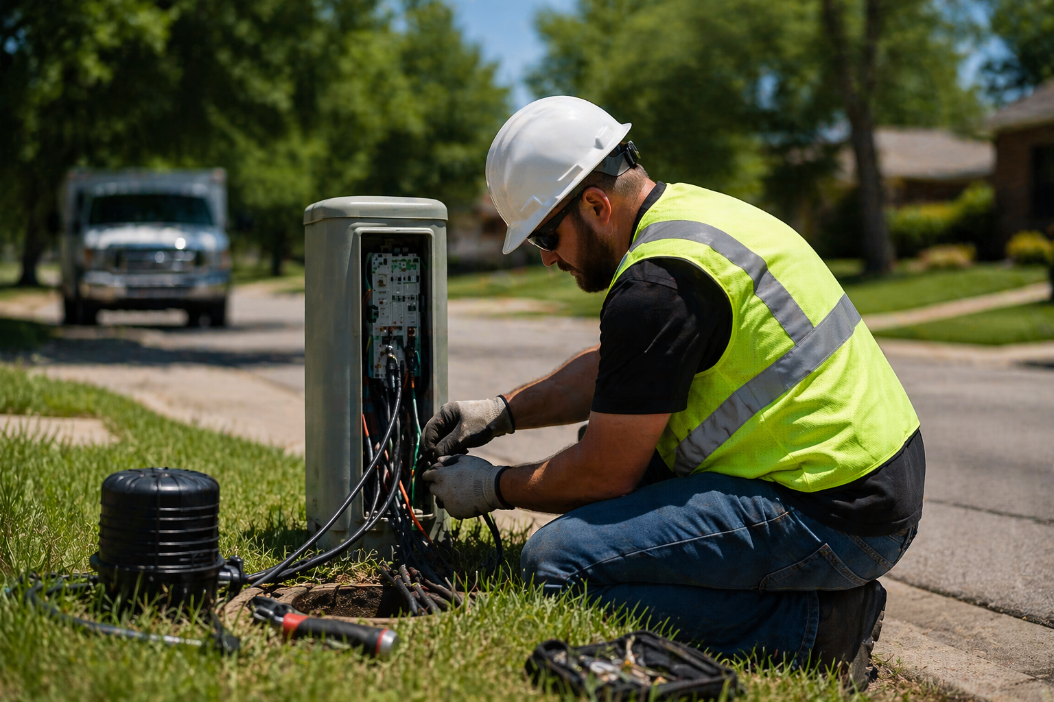 Electrician in a yellow safety vest, white hard hat, and gloves working on an outdoor electrical box on a grassy area with trees and a house in the background.