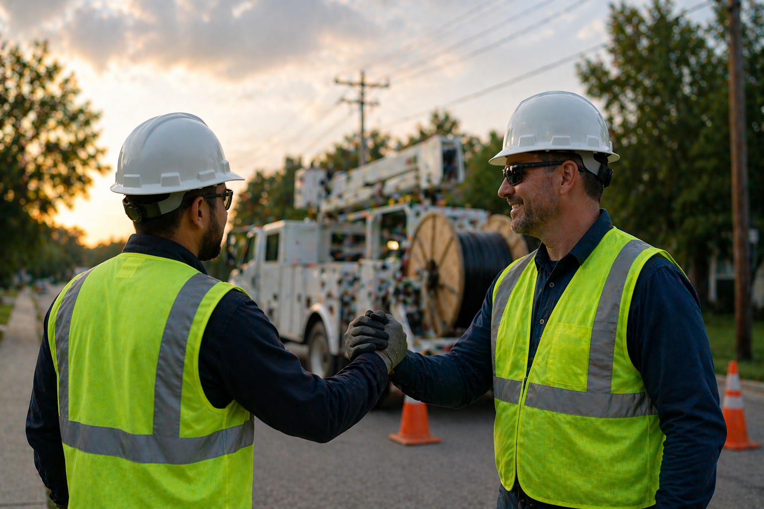 Two construction workers in safety vests and hard hats shaking hands outdoors during sunset, with a utility truck and orange traffic cones in the background.