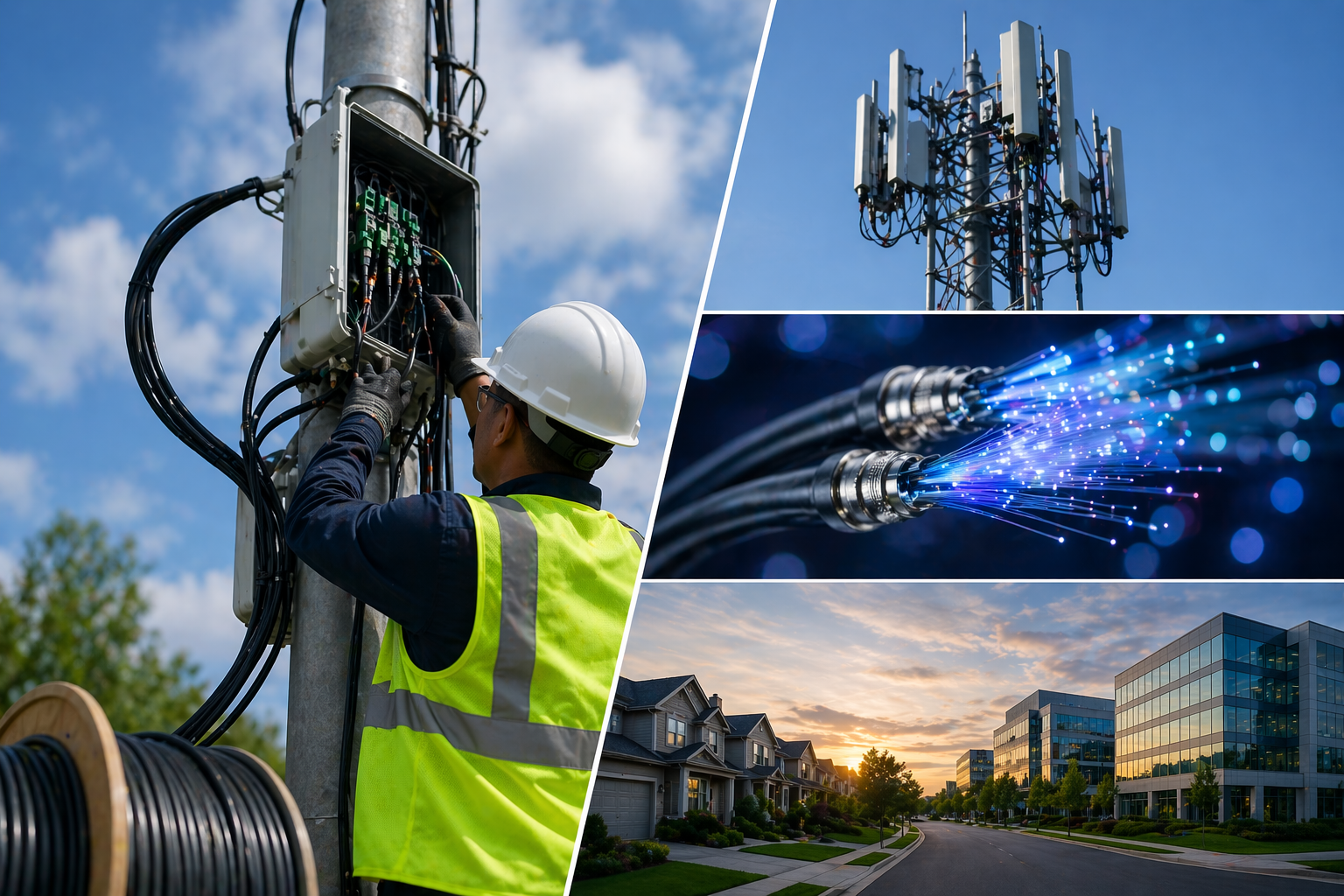 A collage of four images: a technician working on a telephone pole, a telecommunications tower, fiber optic cables, and a suburban street with modern buildings at sunset.