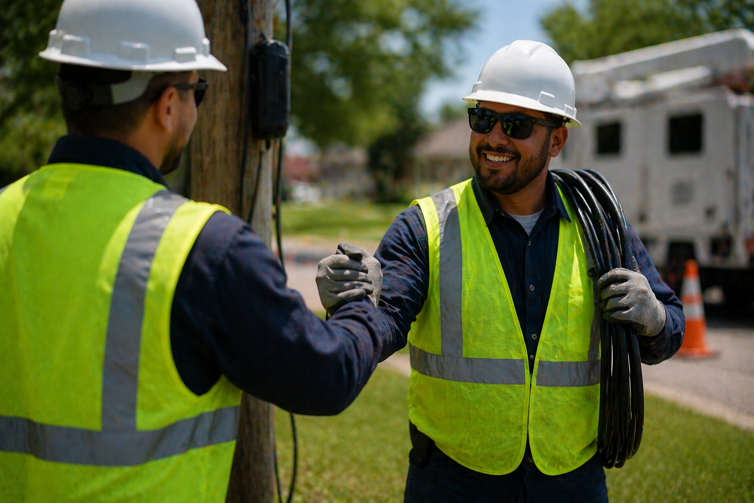 Two construction workers in safety vests and helmets shake hands outdoors at a work site.