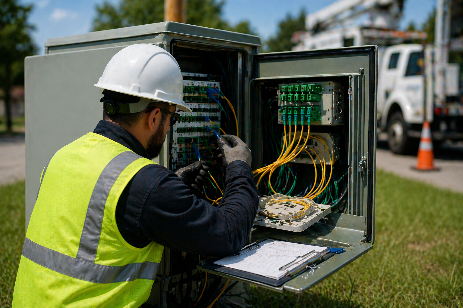 A worker in a white safety helmet and yellow vest inspecting an open electrical control panel outdoors.