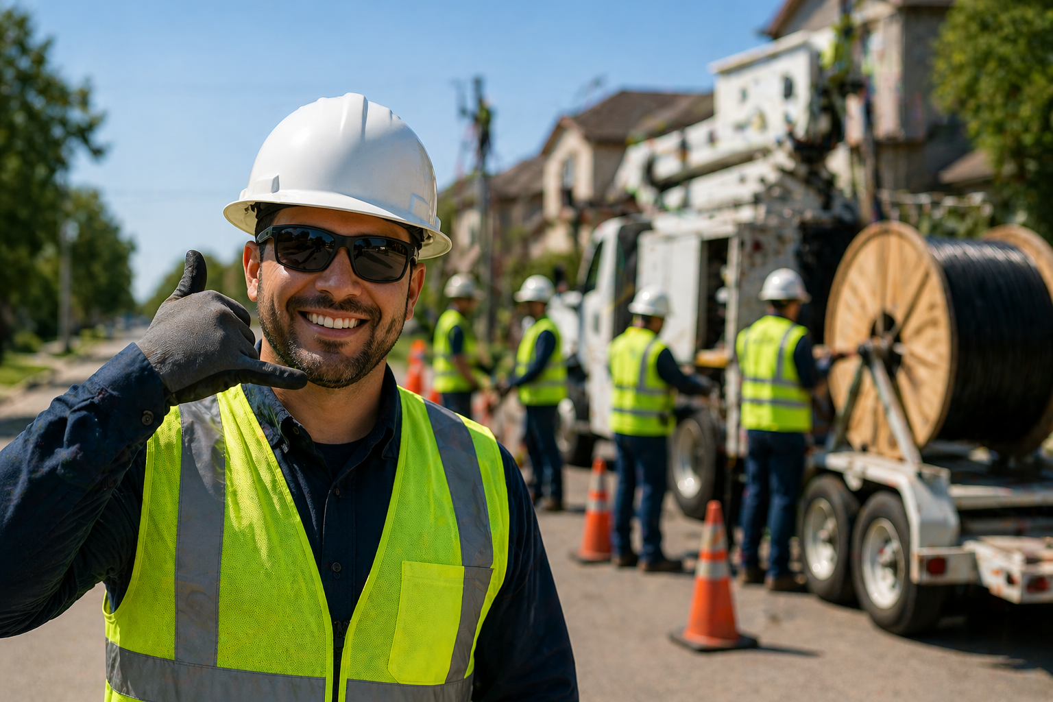 Smiling male construction worker wearing sunglasses, a white hard hat, and a high-visibility safety vest, making a phone gesture with his hand in front of a roadwork scene with other workers and equipment.