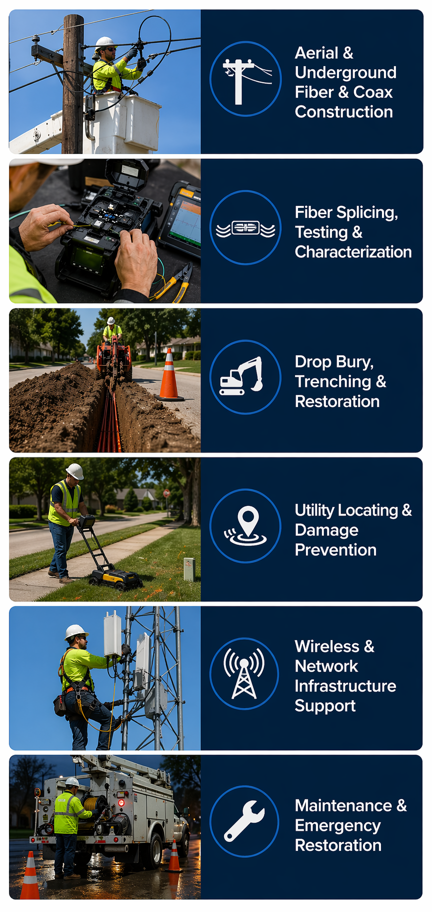 A digital infographic illustrating various stages of fiber optic and network infrastructure construction and maintenance, with images of workers installing poles, testing fiber, trenching, locating utilities, supporting wireless network infrastructure, and performing maintenance.
