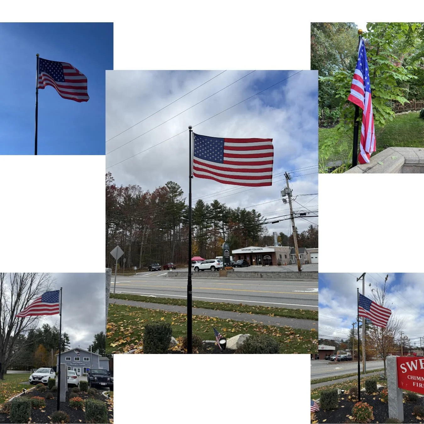 several black flag poles with an American flag