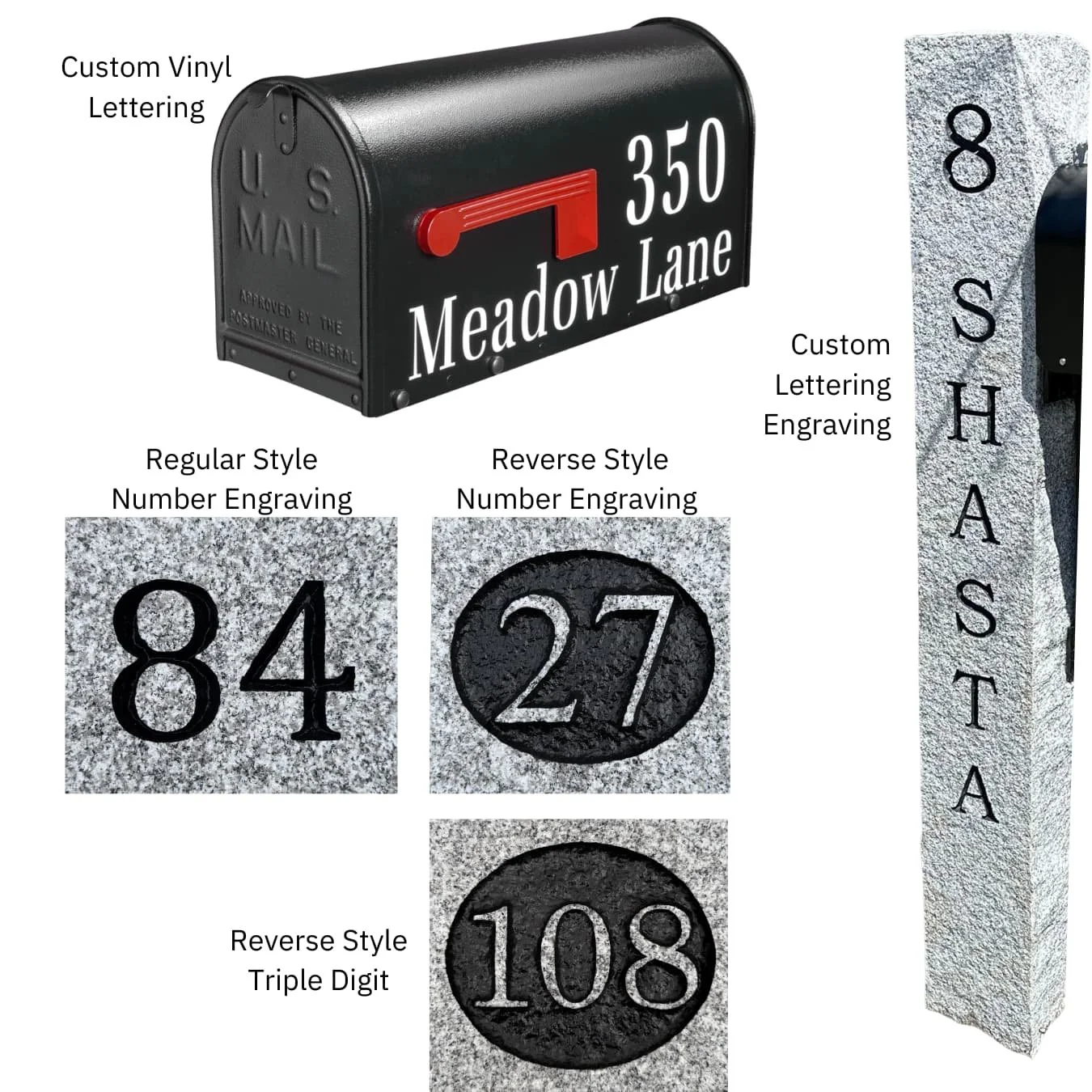 examples of the different kinds of lettering and engraving on mailboxes and granite posts