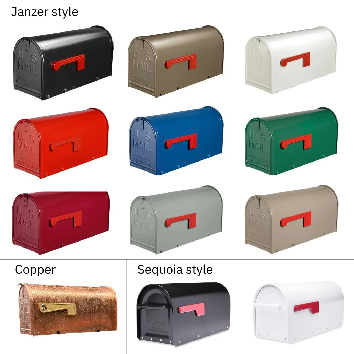selection of mailboxes in varying colors