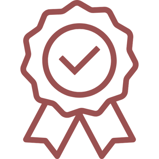 Outline of a medal or award ribbon with a check mark inside a circle at the center.