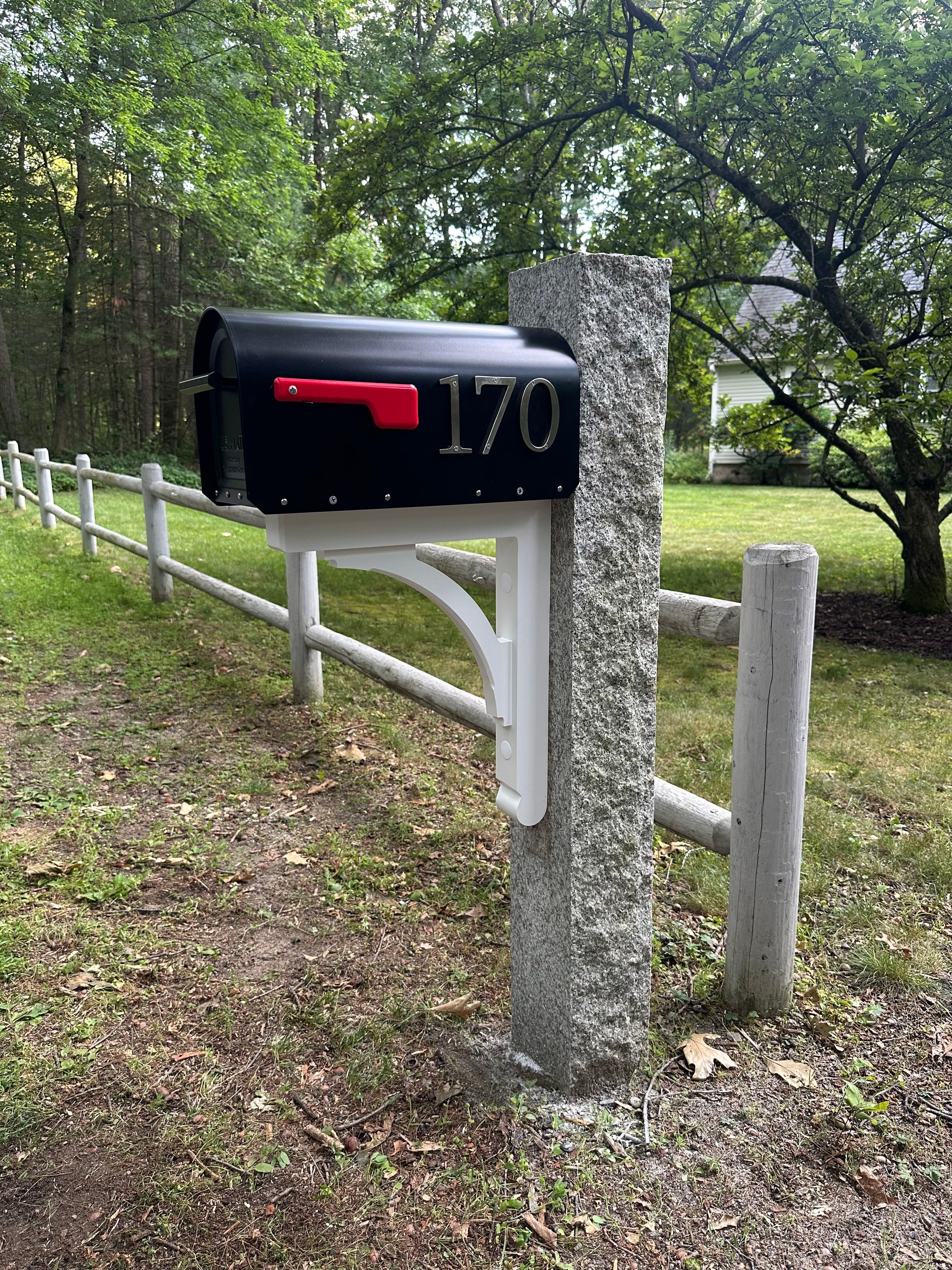 granite post, natural cap, black mailbox, white AZEK bracket