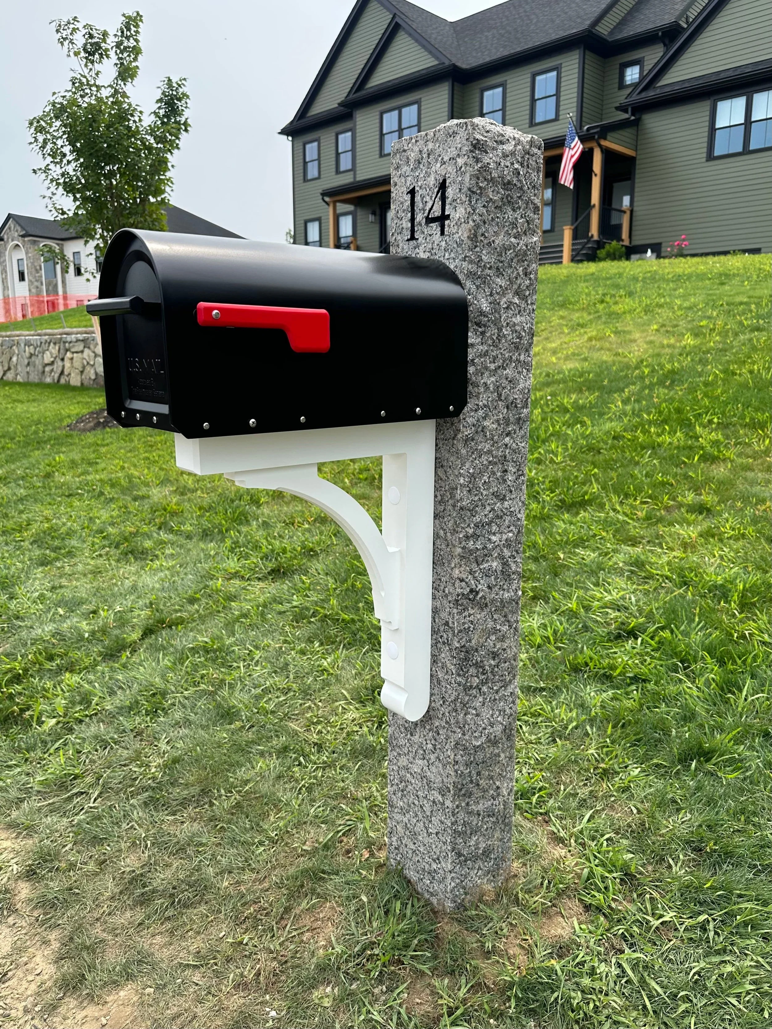 granite post, natural top, black mailbox, white AZEK bracket