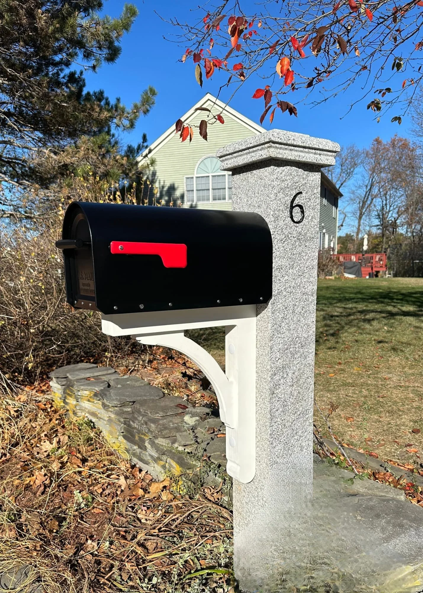granite post, granite post cap, black mailbox, white AZEK bracket