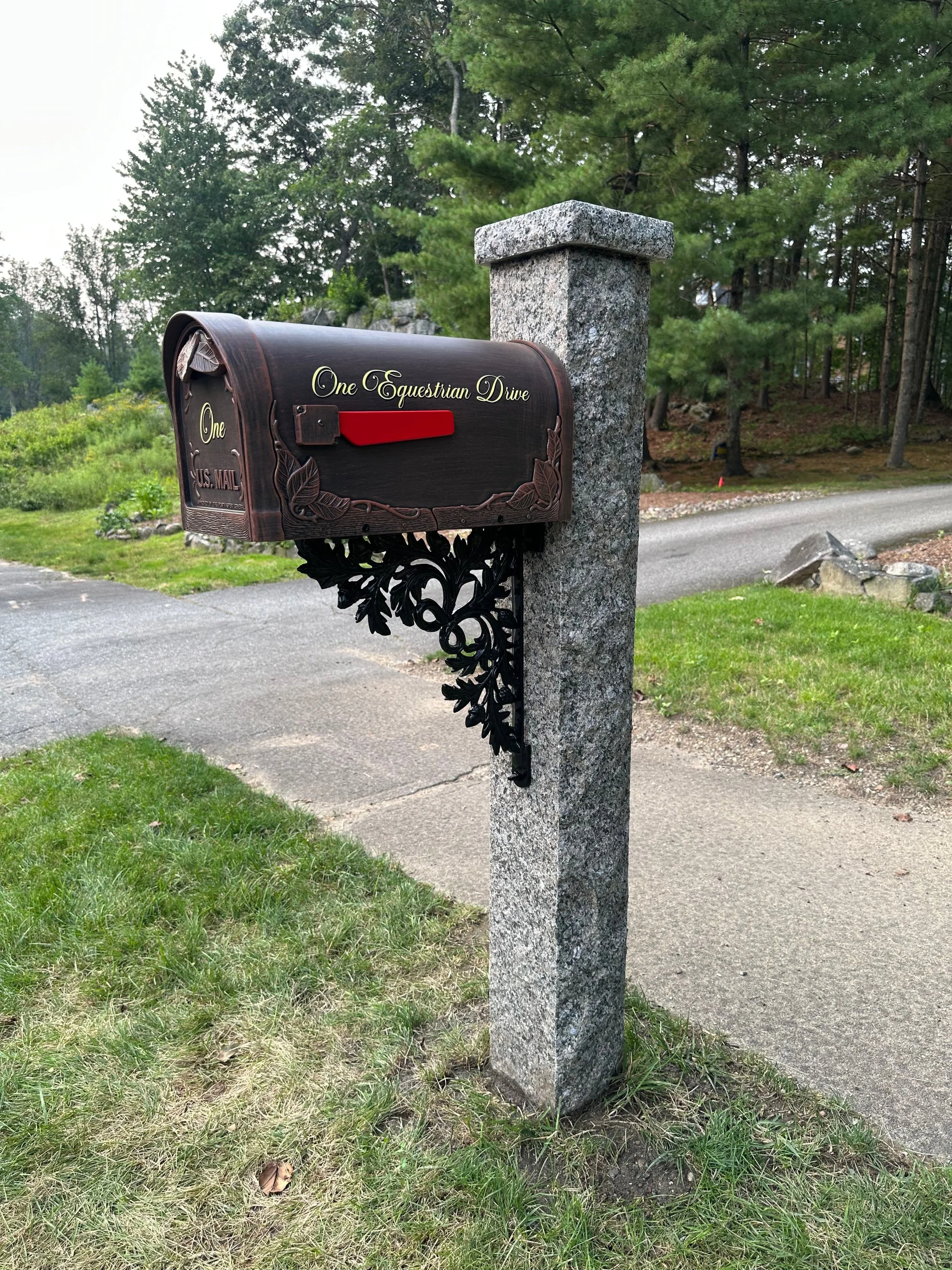 granite post, granite post cap, brown mailbox, cast iron water oak bracket