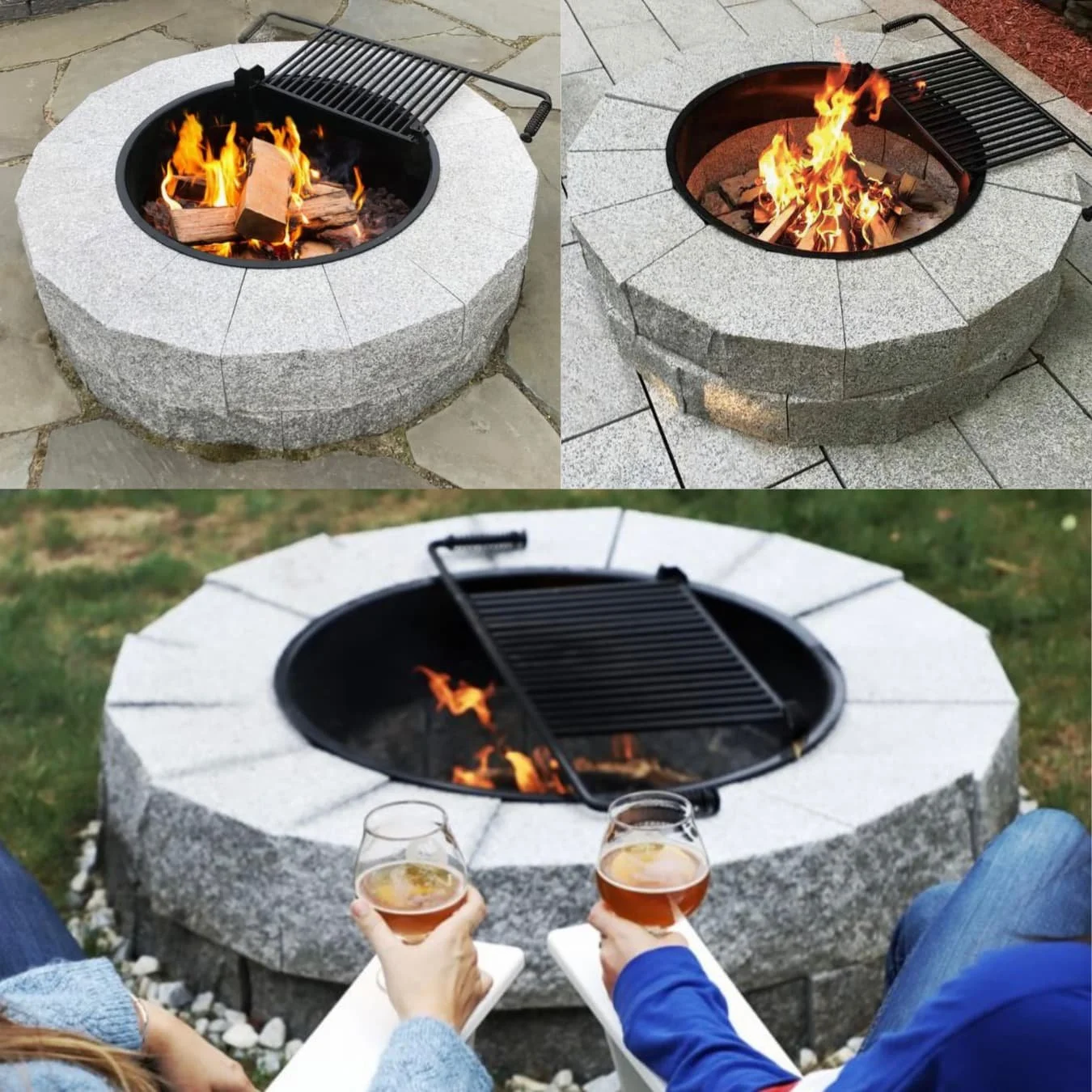 3 different images of the same granite block fire pit with a metal cooking grate laying on top