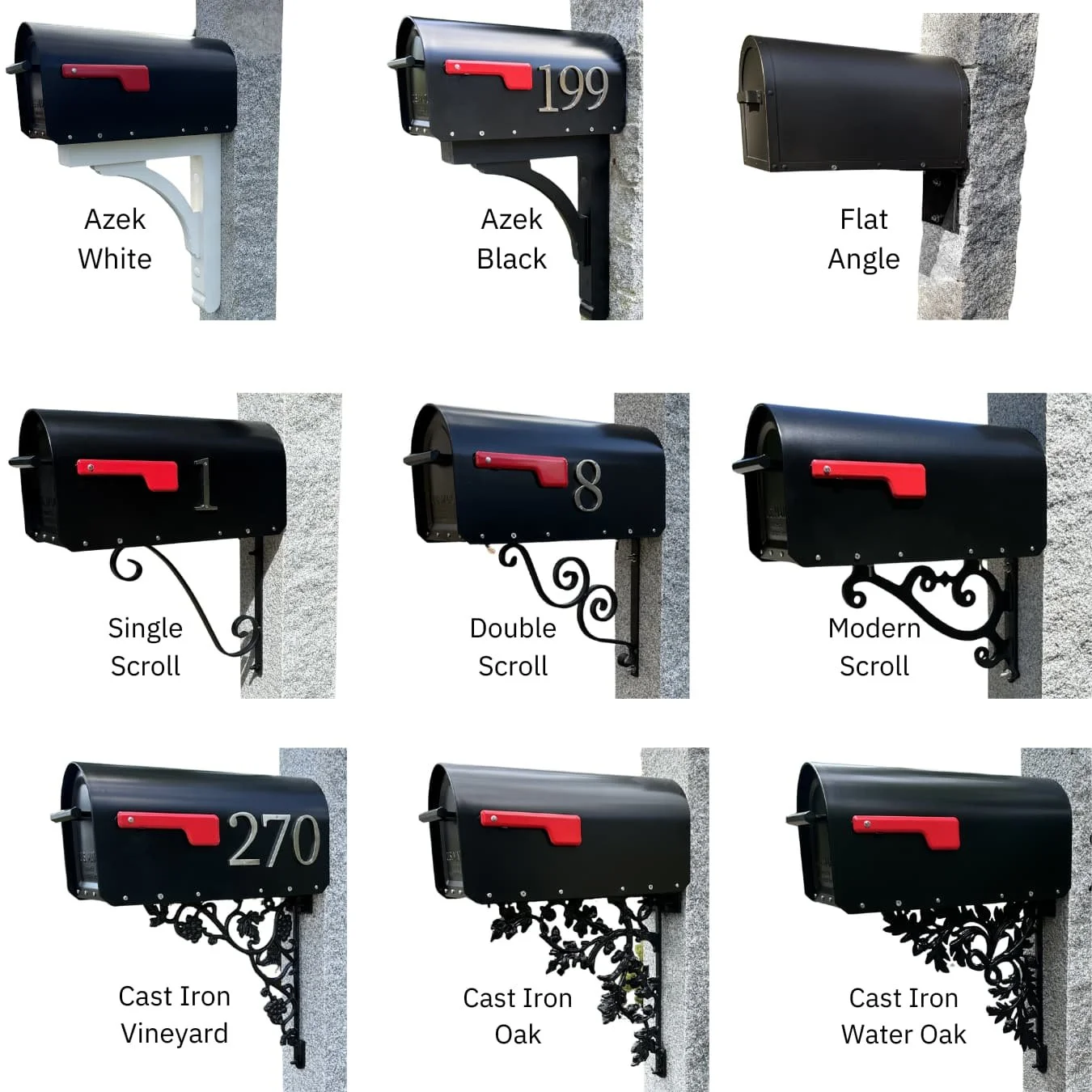 nine different styles of mailbox support brackets