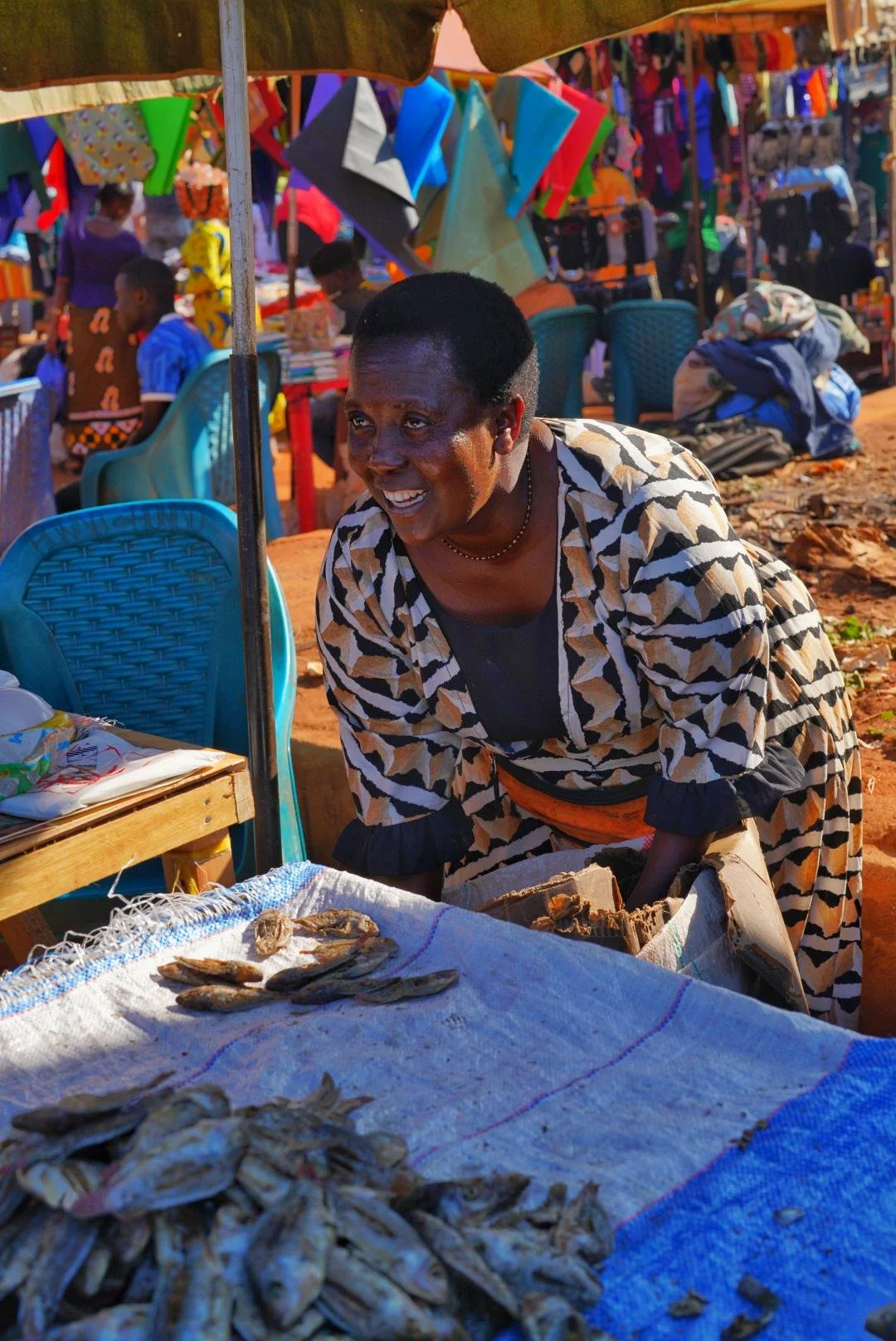 A woman at an outdoor market, smiling while selling dried fish on a cloth-covered table. She wears a patterned dress and is surrounded by colorful items and other market stalls.