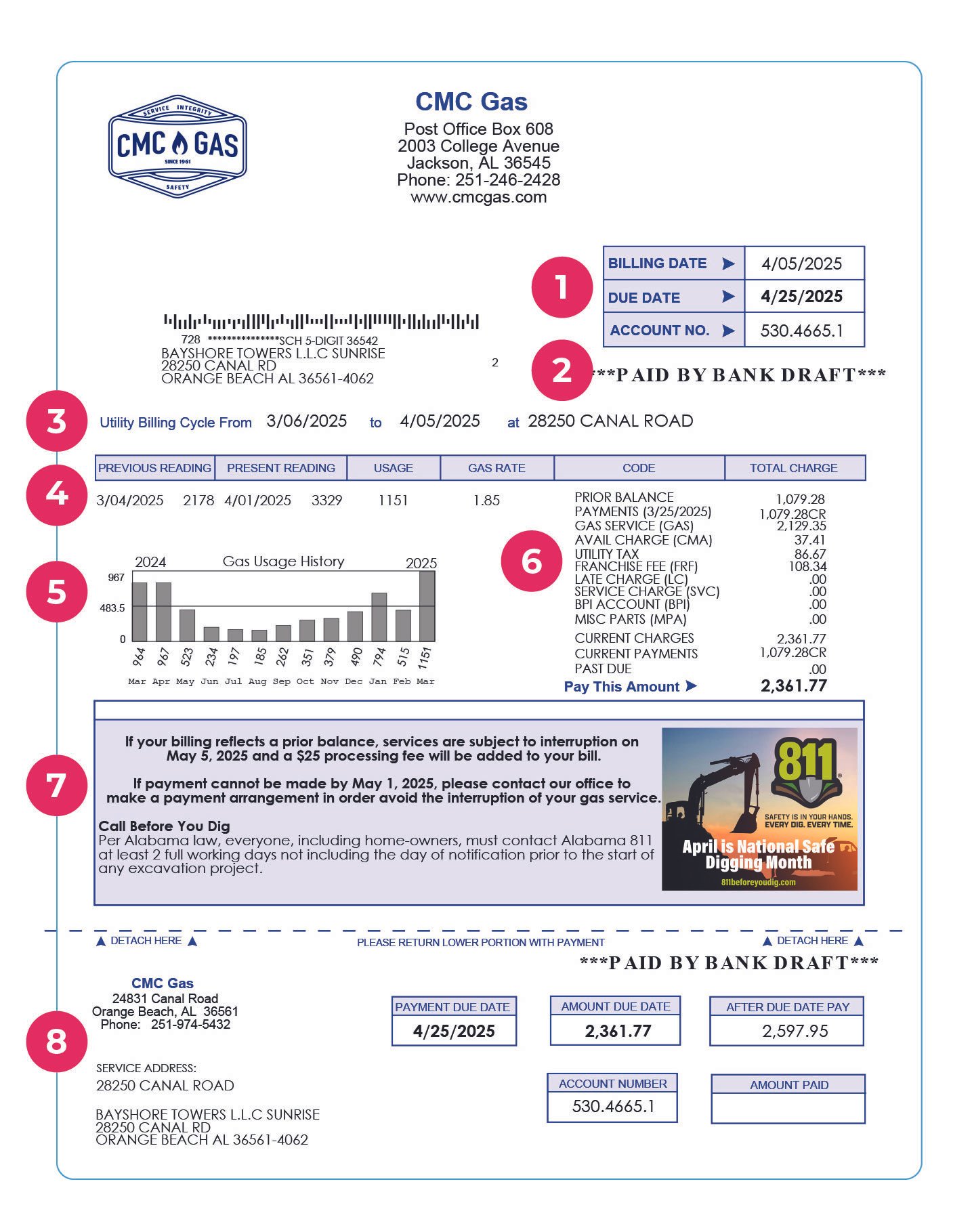 CMC Gas natural gas bill showing billing details, payment information and usage history