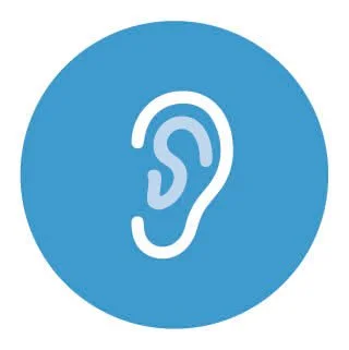 White ear icon inside a blue circle.