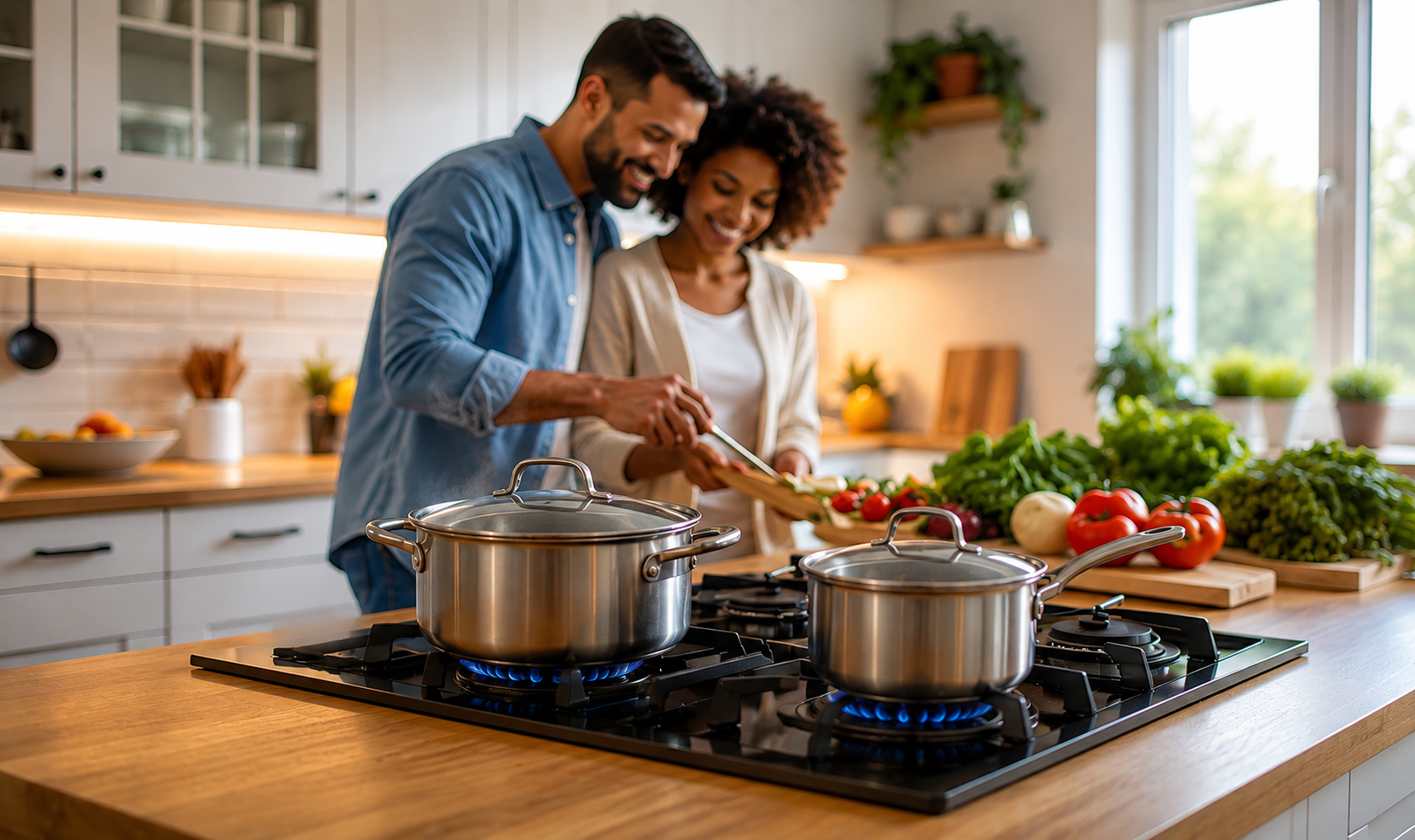 Couple using a natural gas stove in their kitchen