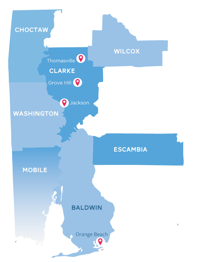 Map of CMC Gas service areas: Choctaw, Clarke, Washington, Mobile, Baldwin, Escambia, Wilcox, and parts of surrounding counties