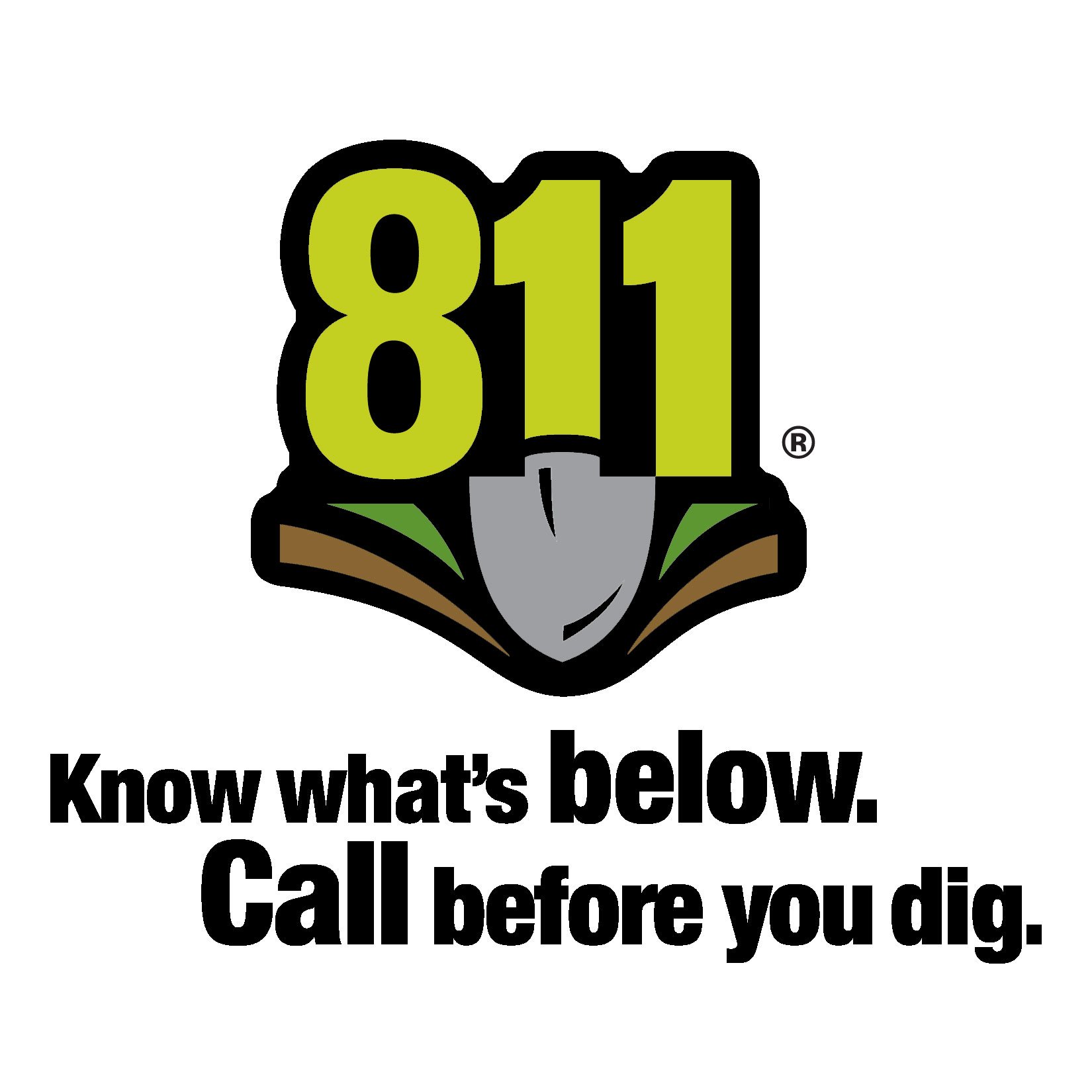 811 Call Before You Dig logo with shovel and “Know what’s below” message