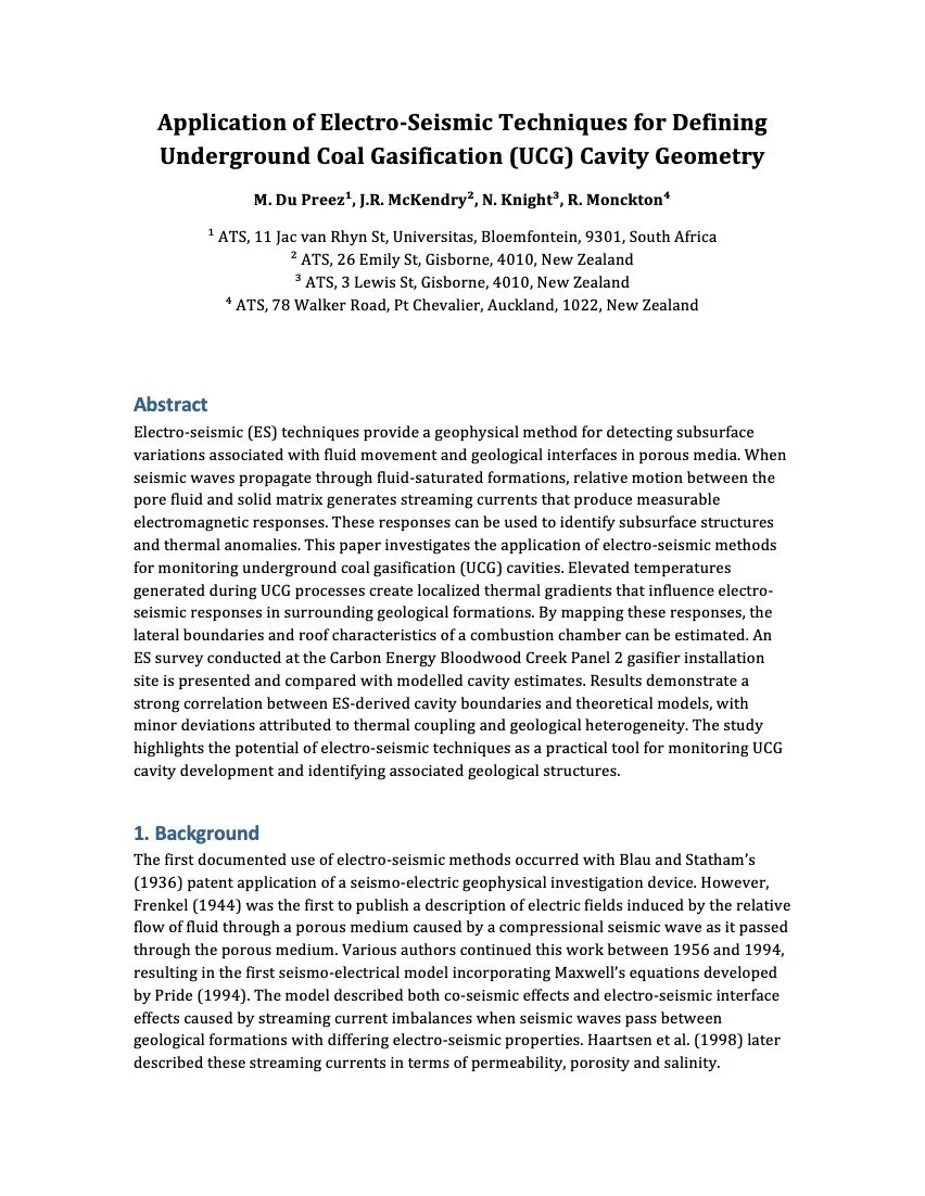 Paper - Application of Electro-Seismic Techniques for Defining Underground Coal Gasification (UCG) Cavity Geometry