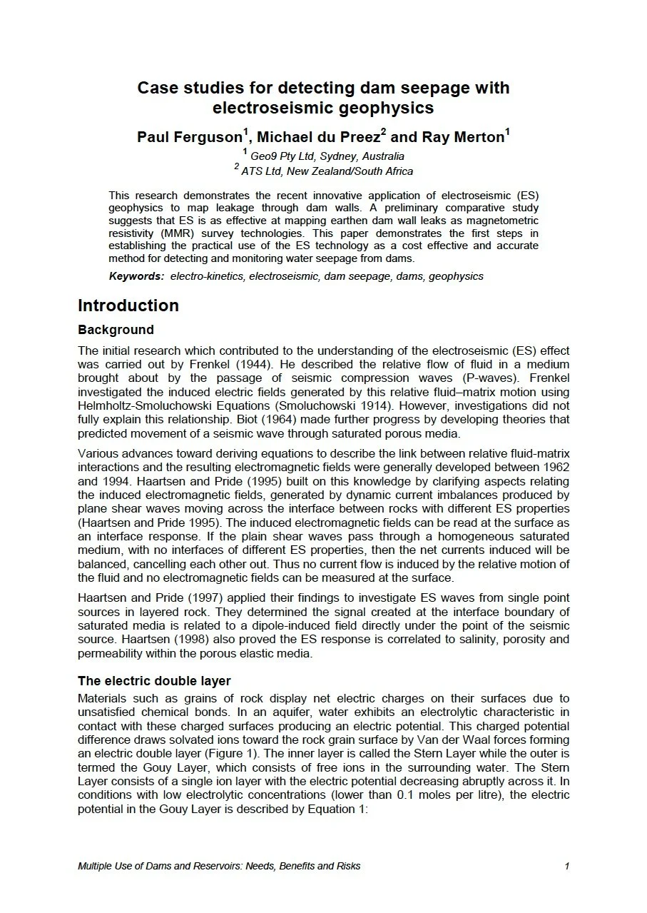 Paper - Case studies for detecting dam seepage with electroseismic geophysics