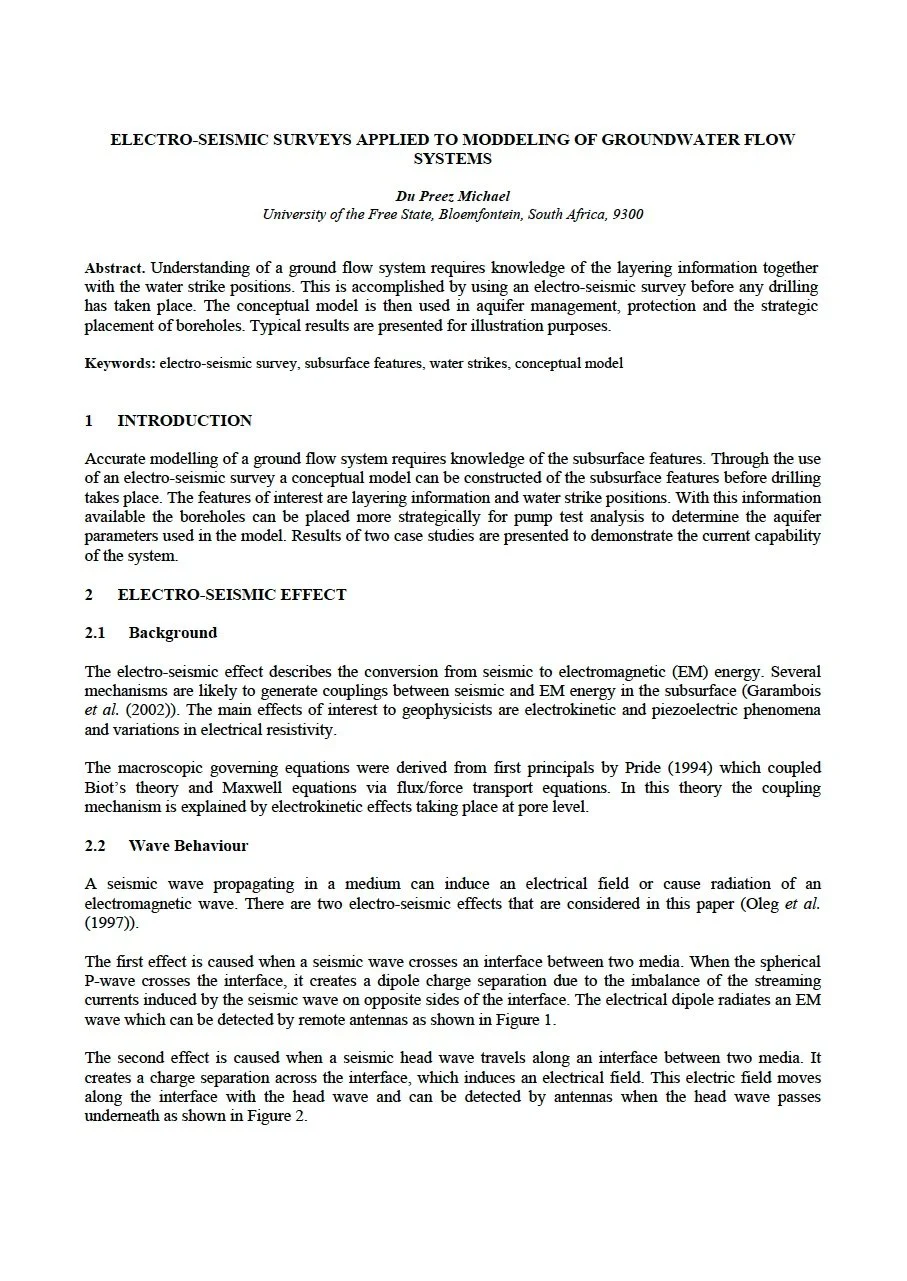 Paper - ELECTRO-SEISMIC SURVEYS APPLIED TO MODELING OF GROUNDWATER FLOW
SYSTEMS