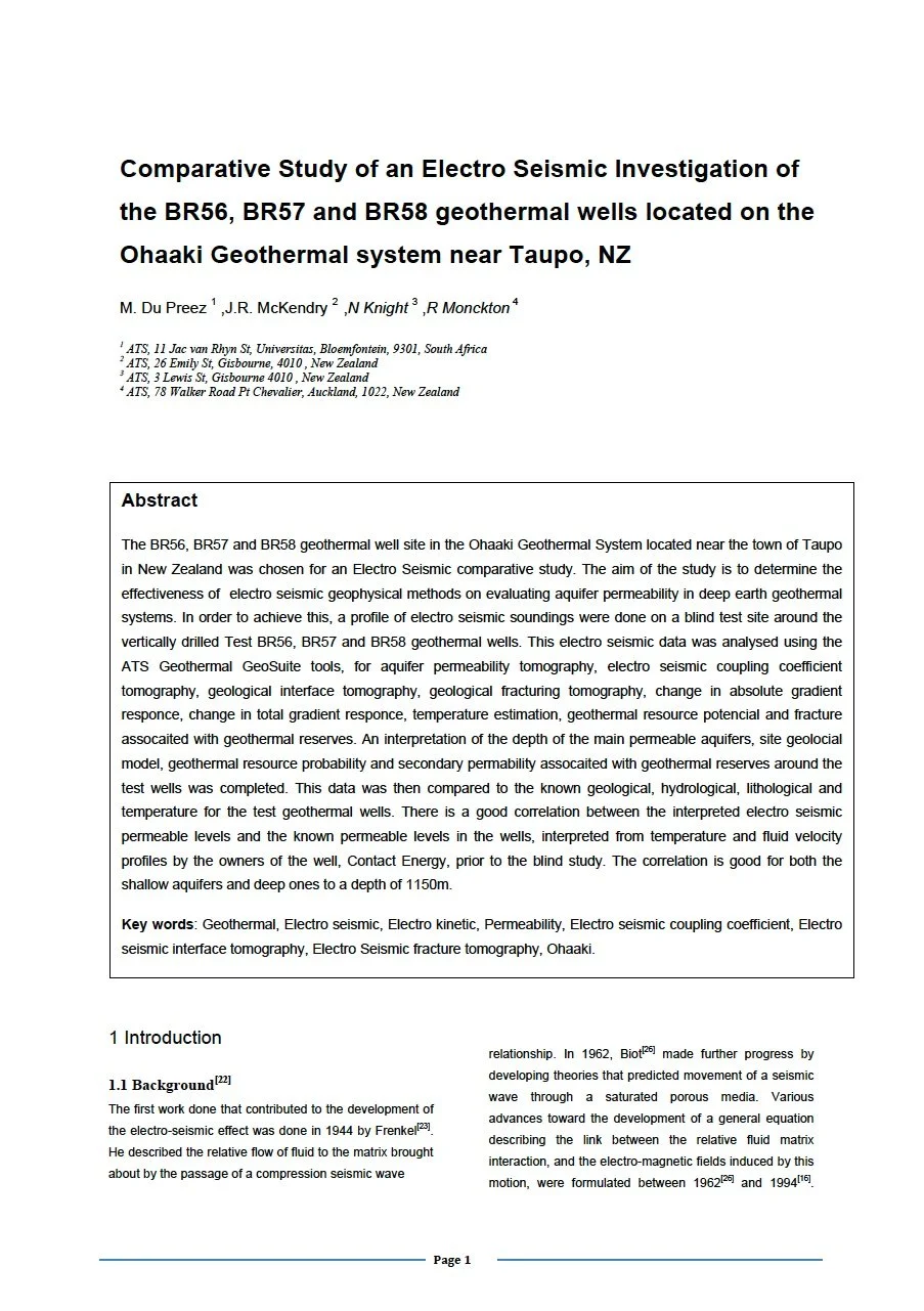 Paper - Comparative Study of an Electro Seismic Investigation of the BR56, BR57 and BR58 geothermal wells located on the Ohaaki Geothermal system near Taupo, NZ